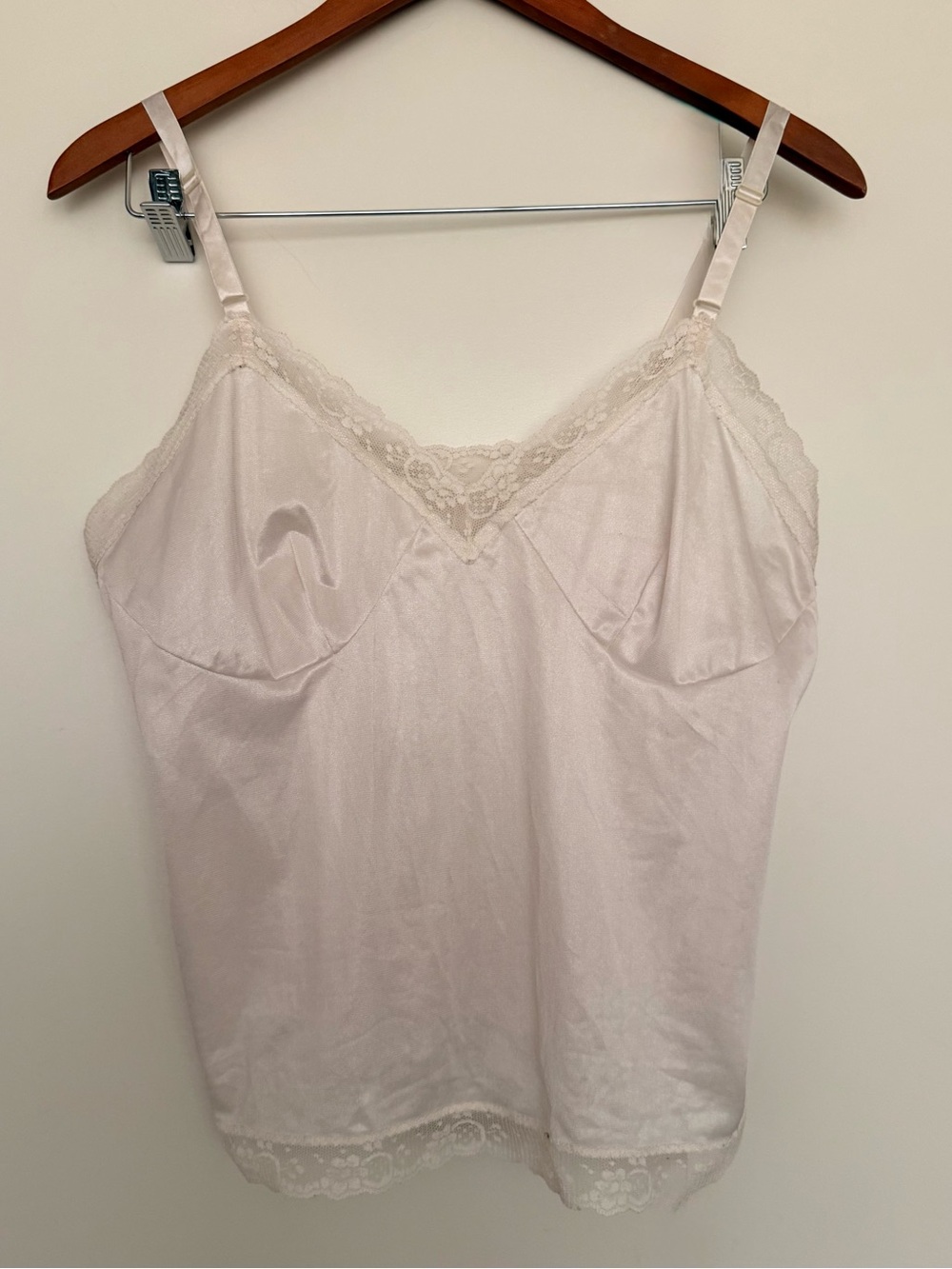 Vintage Nylon Satin Lace-Trim Slip Camisole Soft Ivory Adjustable Straps L
